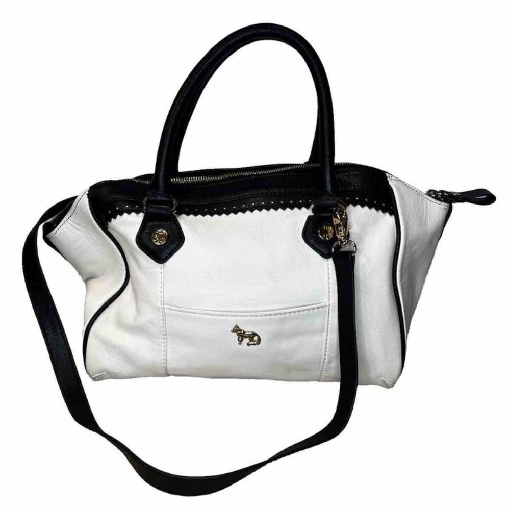 EMMA FOX Black And White Leather Zip Top Shoulder And Elbow Straps Satchel Bag